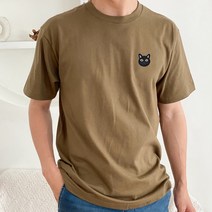 멋지군 17수 라운드 고양이 자수 면 반팔 티셔츠