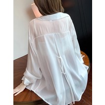 리본블라우스 왕리본블라우스 하객 봄 라인 리본 블라우스 시폰 카디건 셔츠 선 스크린 블라우스와 백 코트가있는 서스펜더 스커트가있는 여성용 여름 얇은 목도리