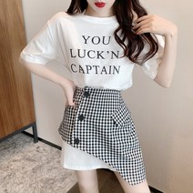 밴딩 셔츠 스타일 2021 여름 뉴타입 매력 질감 유행 단소, T01-S, C03-체크미니스커트