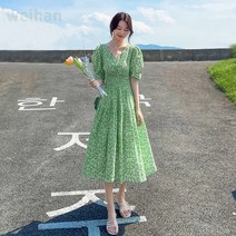 벌룬 퍼프소매 꽃무늬 롱원피스 브이넥 잔꽃 슬림 스커트 A라인 롱 치마
