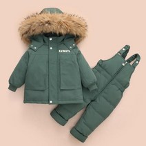카키색 유아 덕다운 패딩 눈 썰매복 스키바지 상하복 아기 키즈 눈썰매 한벌 보드복 겨울 스키복 올인원