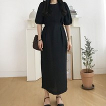 핑크꼴라주 셀프웨딩 하객 퍼프 실키 돌잔치 엄마 원피스 (아이보리 블랙)
