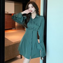 DFMEI.봄여름 스커트--Stunning dress.연두색 새틴 느낌 프렌치 셔츠 원피스 여성 허리 여밈날씬한 분위기의 스커트녀