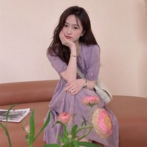 하와이원피스 베트남 원피스 다낭 발리 동남아여행룩 해외여행 여름옷 휴양지 룩 미디 드로 스트링 프레피 스타일 숏 퍼프 슬리브 주름 드레스 여성용 우아하고 세련된 올 매치 패션