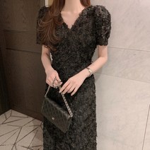 춘게엘 여름 브이넥 입체 로즈 플라워 패턴 반팔 롱원피스 r066