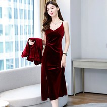 나시원피스패션 골드 벨벳 여성 봄옷 슬림 정장 코트 끈나시 뷔스티에원피스 스타일리쉬 2937169189, 와인색 M
