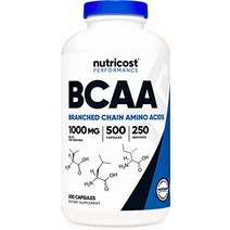 뉴트리코스트 bcaa 1000mg 500캡슐(250서빙) 2:1:1 분지쇄 아미노산(500mg의 L-류신 250mg의 L-이소류신 및 L-발린), 500카운트(1팩)