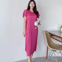 여성 통소매 주름 라운드넥 일자 피서 롱원피스