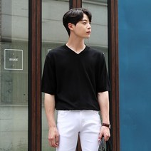 [붐스타일] 린넨 니트 브이넥 반팔티