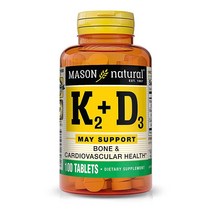 MASON NATURAL 비타민 K2 100mcg 플러스 비타민 D3 - 뼈 심혈관 및 근육 건강 지원 100정, 100.0
