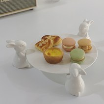 토끼 1단 플레이팅 케이크 스탠드 디저트 트레이 도자기 카페접시, 4토끼+사각접시 소(21cm)