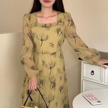 DFMEI 빈티지 가을잎 옐로우 사각넥 오픈 쇄골 디자인 스케치 플라워 스트링 원피스 컬러