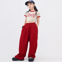 겨미 크롭 티셔츠 + 와이드 투턱 팬츠 레드컬러 댄스 아이돌 패션