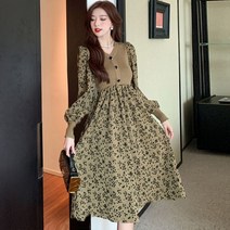 코듀로이 플라워 원피스 하객 꽃무늬 플로럴 드레스 가을 프렌치 햅번 기풍 니트 롱스커트 허리