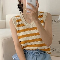 봄원피스 민소매 니트 조끼 탑 한국 시크 여름 틈새 디자인 u넥 대비 컬러 스트라이프 할로우 루즈 올 매