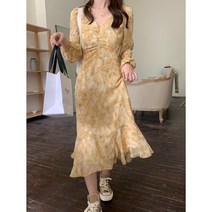 DFMEI 까칠한 77 번짐 프린트 쉬폰 스커트 여한느낌 브이넥 루즈핏허리를 여미고 슬림해 보이는 이너 롱 원피스 여름