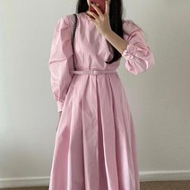 핑크드레스 허리벨트 디자인 롱원피스 퍼프소매 봄 스타일