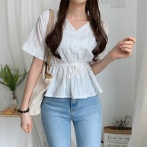 세릴 레이스 자수 펀칭 브이넥 셔링 린넨 리본 반팔 블라우스 (4가지 색상)