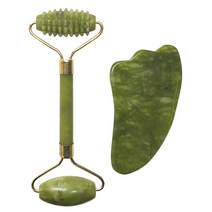 천연 비취 롤러 페이셜 마사지 리얼 스톤 페이스 롤러 Guasha 마사지 보드 세트 Guasha Tool Jade Roller G, 2 PCS 세트 B