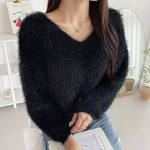 잘빠진 여성용 앙고라 브이넥 긴팔 니트 티셔츠