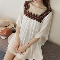 자수 스퀘어넥 에스닉 쉬폰 블라우스