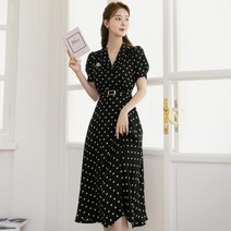 시크라인 숄카라 더블 버튼 도트 플레어 원피스