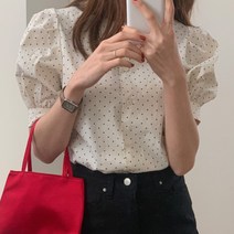 여성 도트 물방울 반팔 퍼프 슬리브 블라우스 셔츠