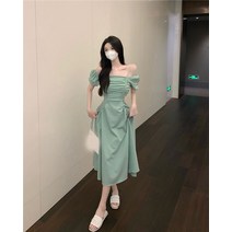 허리끈 비치룩 파인 꾸안꾸 퍼프 여성스러운 패턴 셔링 원피스 태국 베트남 휴가