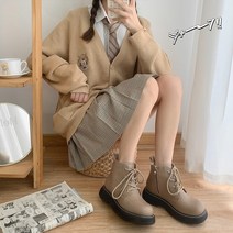 가죽 마틴 여성 4 홀 신발 밀크 티 라운드 헤드 부츠 두꺼운 밑창 부츠