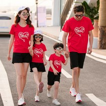 여름패션 유치원 에코 패션쇼 사랑하트 패밀리룩 여름옷 온가족 일가 세식구 네 형 언니 남동생 585140346, 남아 100 야드, 레드 색티셔츠 블랙 바지