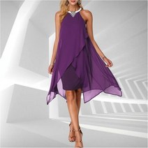 비치웨어 여신 원피스 여성 민소매 비대칭 밑단 더블 니 롱 쉬폰 드레스 패션