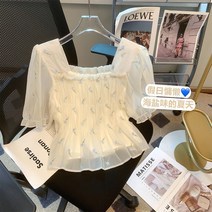 잔향풍 블라우스 여 장미 자수 서양식 블라우스 여름 퍼프 소매 조거 허리 날씬해 보이는 상의