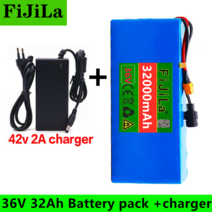 XT60 인터페이스 36V 배터리 10S4P 32Ah 배터리 세트 1000W 고성능 배터리 36V32000mAh 전동 자전거 BMS+42v 충전기, 1개