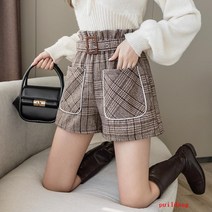 가을/겨울 반바지 여성 가을/겨울 높은 허리 느슨한 체크 무늬 부츠 바지 트위드 넓은 다리 바지