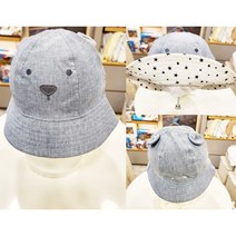 압소바 샴브레이 벙거지 모자: (유아 챙모자) [봄 상품; 면; 린넨 원단] [곰돌이 캐릭터; 청 샴브레이 모자]