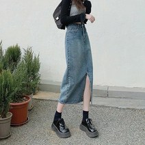 ANYOU 가을 데님롱 스커트 A라인 랩스커트 언발 트임 데님 스커트