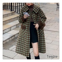 티피/Teepie 빈티지 그린 체크 모직 코트 겨울 루즈핏 롱 여성 모직 코트