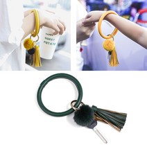 [사은품증정] 랄라닷 밍크 퍼 테슬 가죽 팔찌 열쇠고리 키홀더 자동차키링, 그린