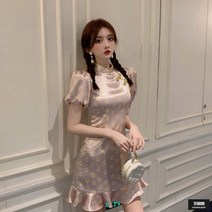 가바바 여성 원피스 벌룬소매 헨리넥 실크 미니원피스 G48911