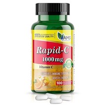 America Medic Science Rapid-C 1000mg 비타민 C 보충제 (100정 1팩) 에너지 부스터 일일 면역 시스템 지원 항산화 물질 비건 비 GMO 코팅 아스코르빈산 성인 남성 및 여성용, 200 Tablets [ 2 Packs]