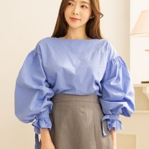 와이드넥 리본소매 루즈핏 퍼프 숄더 셔링 봄 블라우스