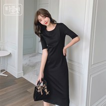 티클로젯 라운드넥 심플 블랙 편안한 반팔 롱원피스