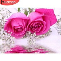 보석십자수 사각 원형 장미 핑크 물 안개꽃 인테리어 선물 보석자수 취미, 전체 라운드 30X40cm