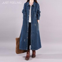 JUST FEEL!NG 펀칭 트렌치 코트 캐주얼 더블 칼라 앞단추 주머니 여성용 긴팔 편안한 데님 점퍼 데일리