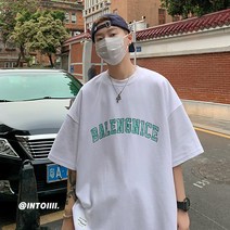 빈티지 스트릿 복고풍 반팔 티셔츠 미국스트릿반팔 티셔츠 남성 여름 코튼 인 오버핏 커플 레트로 디자인 동정 블루
