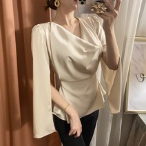 우아한 드레이프 진주 케이프 새틴 블라우스