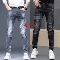 1+1프리미엄 데님 팬츠 남 고급 핫픽스 프린트 슬림 팬츠