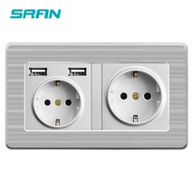 sran eu 듀얼 프레임 전원 소켓 및 USB 출력 소켓 5v2.1a(숨겨진 표시기 포함) 스테인리스 스틸 패널 146mm86mm, 은색 146a2