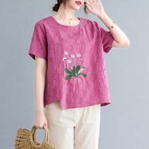 RENXING 에스닉 반팔 티셔츠 여성 라지 라운드 셔츠