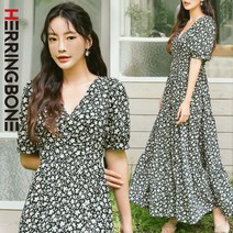 헤링본 여름 반팔 롱 비치원피스 쉬폰 플로럴 브이넥 퍼프 빅사이즈 바캉스룩 비치웨어 HF117